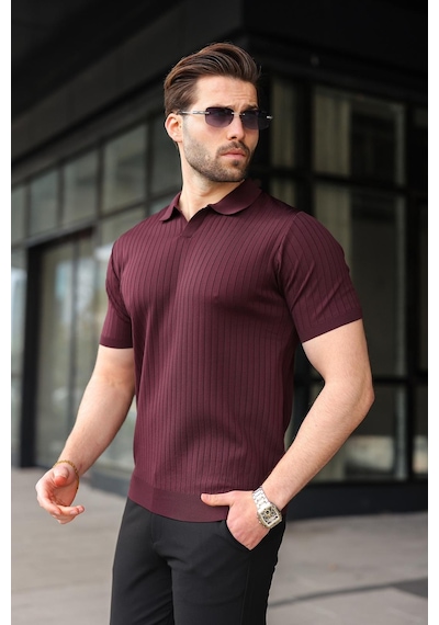 Madmext Mürdüm Polo Yaka Triko Erkek Tişört E7461 Mürdüm