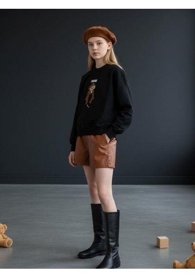 Kız Çocuk İki İplik Ayıcık Nakışlı Tasarım Sweatshirt-16467 Siyah