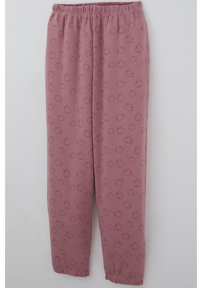 Breeze Kız Çocuk Pijama Takımı Elma Desenli Beli Paçası Lastikli 9-12 Yaş, Gülkurusu