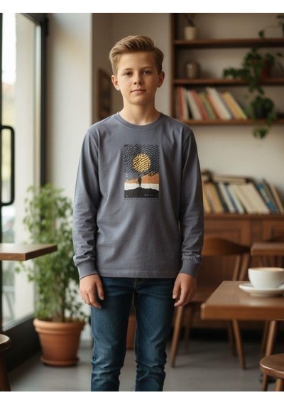 Zekids Erkek Çocuk Pamuklu Manzara Baskılı İnce Uzun Kollu Sweatshirt-16341 Gri