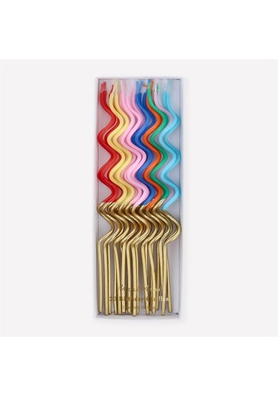 Meri Meri - Gold Dipped Swirly Candles - Altın Detaylı Renkli Kıvrımlı Mumlar - 20 Adet Çok Renkli