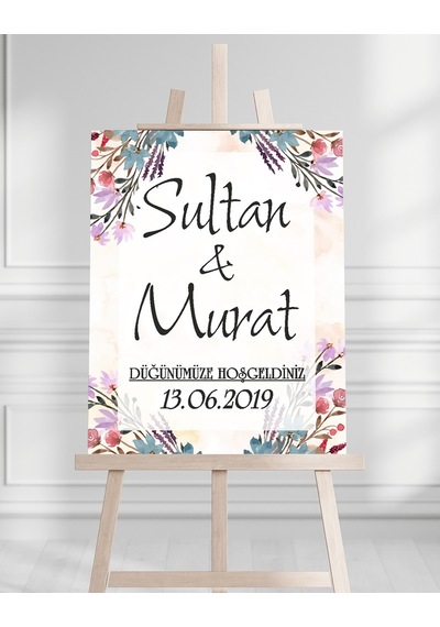 Söz Nişan Düğün İçin 50x70 Karşılama Panosu - Renkli Çiçek Pastel Tasarımlı Beyaz