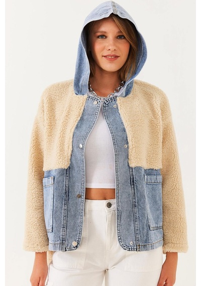 Shade Kadın Kapüşonlu Denim Detaylı Peluş Ceket 60251807 - Bej