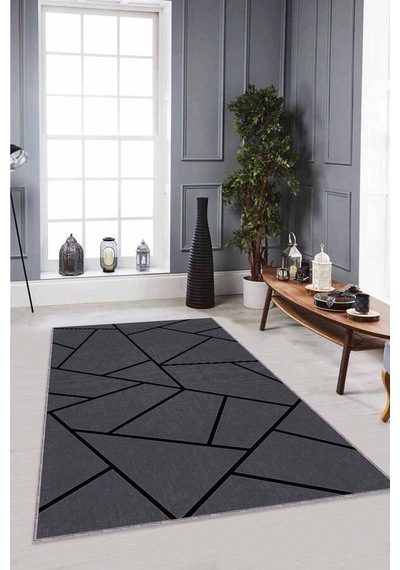 Gri Geometrik Kaymaz Tabanlı Makinede Yıkanabilir Halı Rv163n11