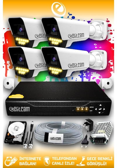 Elitcam 4 Kameralı Süper 4 Dış Kamera Set 2 TB 5 MP 2K Net Renkli Gece Görüşlü Güvenlik Kamerası Sistemi