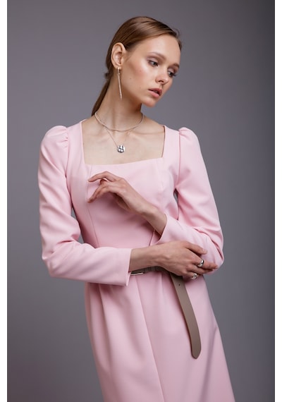 Saade Pembe Kare Yaka Uzun Kol Yırtmaç Detaylı Dokuma Elbise Pembe