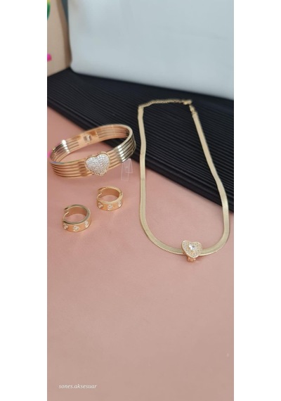 Kalp Gold Çelik Takı Seti Gümüş - Rose Gold
