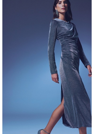 Sateen Simli Midi Elbise - Antrasit-135360 Antrasit
