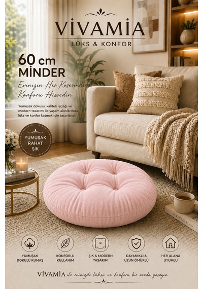 Yuvarlak Kapitone Dekoratif Petek Önü Oturma Yer Minderi 60 Cm Pembe Pembe