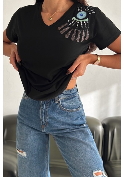 Femelle Kadın Siyah V Yaka Omzu Nakış Ve Pul Payet İşlemeli %100 Pamuk T-shirt