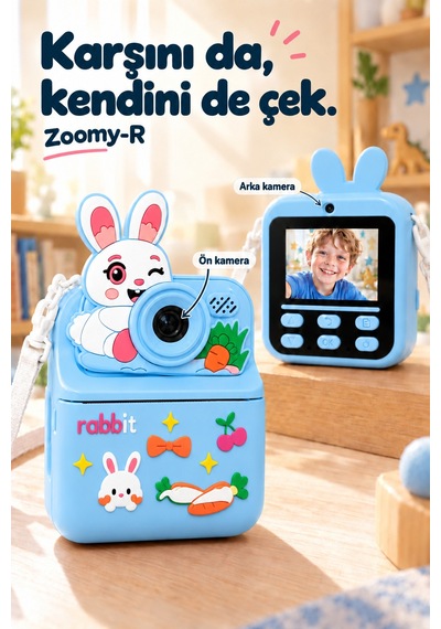 Kj/zm-003 Zoomy-r Tavşan Figürlü Anında Baskılı Çocuk Fotoğraf Makinesi, Çift Kamera, 2,4 İnç Ekran, 1080p Video, 3+ Yaş Mavi
