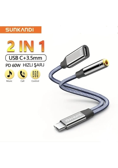 Sunkandı 2'si 1 Arada Type-c To 3.5mm+60w Hızlı Şarj Ve Kulaklık Çevirici Dac Çip+hi-fi Ses Teknolojisi Ce Lisanslı Sertifikalı Hasır Örgülü Sağlam Kablo Gri