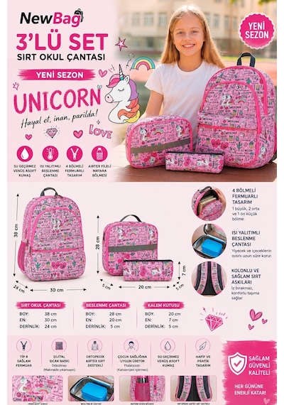 Newbag Unicorn Kız Sırt Okul Çantası-3'lü Set Yeni Sezon