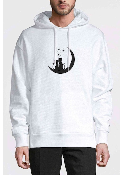 Kediler Aşk Ay Yıldızlar Baskılı Beyaz Erkek Kapşonlu Sweatshirt