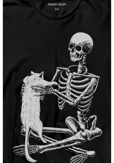 İskelet Ölünceye Kadar Kedi Seveceğim Skeleton Cat Love Uzun Kollu Tişört Baskılı T-shirt 001