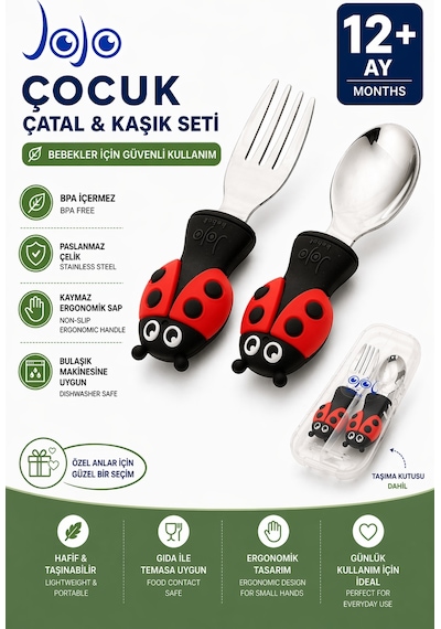 Uğurböceği Premium Çocuk Bpa'sız Silikon Saplı Paslanmaz Çelik Uçlu Çatal-kaşık/saklama Kutusu 9+ay Siyah - Kırmızı