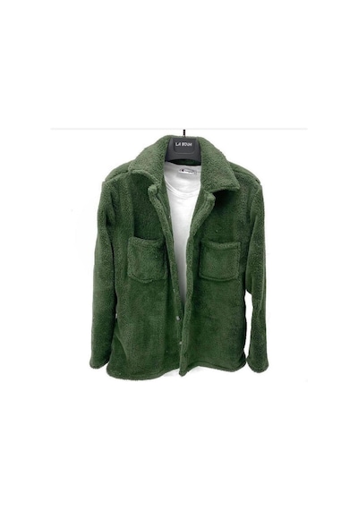 Unisex Haki Düğme Detaylı Cepli Peluş Ceket Haki