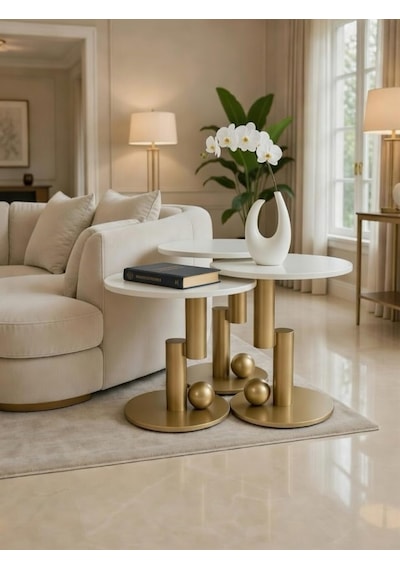 Üçlü Zigon Sehpa Seti, Champagne Gold Metal Ayaklı, Beyaz Yuvarlak Üst, 52-56-60 Cm Yükseklik, Diğer