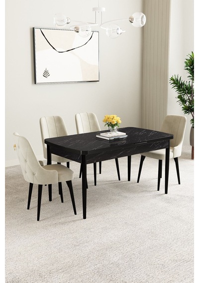 Clara Siyah Mermer Desen 80x132 Açılabilir Mdf Masa Yemek Odası Takımı,mutfak Takımı 4 Adet Sandalye Krem Clara Siyah Mermer Desen 80x132 Açılabilir Mdf Masa Yemek Odası Takımı,mutfak Takımı 4 Adet Sandalye Krem