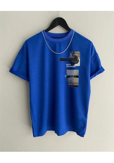 Startmore New Moment T-shirt - Turuncu Baskılı Oversize Bisiklet Yaka Garalio Saks Mavi
