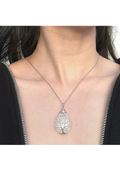 Kristal Kuvars Taşı Gerçek Doğal Taş Kolye Beyaz