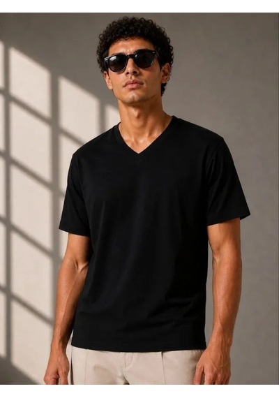 Efnaz Style Erkek V Yaka Basic Tişört Kısa Kol Yazlık Regular Fit T-shirt - Siyah