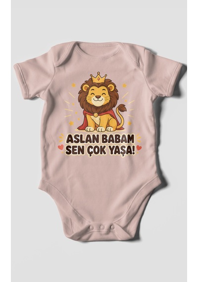 Morivokids Aslan Babam Sen Çok Yaşa Kısa Kollu Bebek Body %100 Pamuk Pastel Pembe