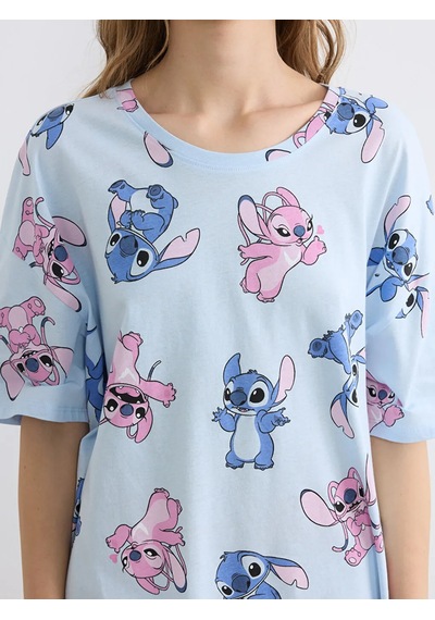 Lc Waikiki Mavi Bisiklet Yaka Stitch Ve Angel Baskılı Kadın Gecelik
