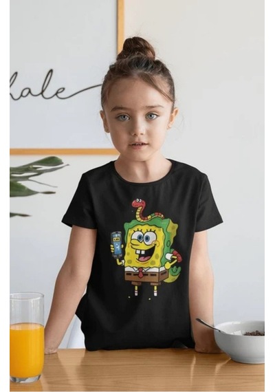 Sevbano Unisex Tasarım Süngerbob Baskılı Çizgi Film Çocuk Tişört 1-12 Ya Siyah