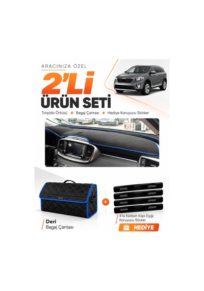 E-biz Kia Sorento 2015-2018 Uyumlu Torpido Örtüsü + Deri Bagaj Çantası Seti - Siyah-mavi - Kı020
