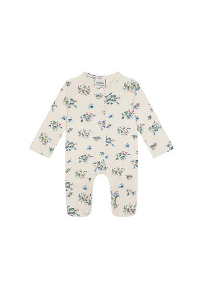 Antebies Bambu Sustainable Minik Çiçekler Desenli Çıtçıtlı Uzun Kollu Kız Bebek Patikli Tulum Bej