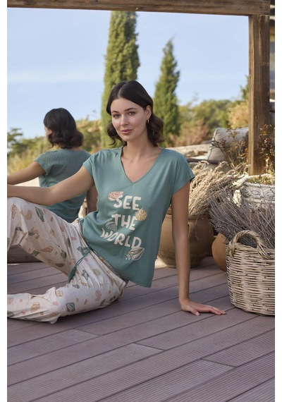 Monamise Kadın Desenli Ve Baskılı "see The World" Pijama Takımı 24113-yeşil Yeşil