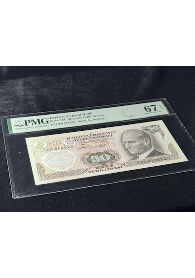 Türk Lirası Pmg 67 Epq Superb Gem Unc 50 Lira P 188 1970 Nd 1976 S/n I90 6. Emisyon 2. Tertip
