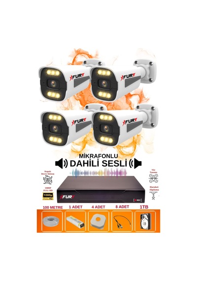 Fury 4 Lü Sesli 6 Warm Led Gece Renkli Görüş Su Geçirmez Güvenlik Kamerası Seti 1tb