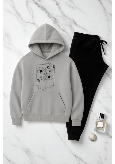 Uyguntarz Unisex Be Happy Baskılı Oversize Sweatshirt Takım Gri