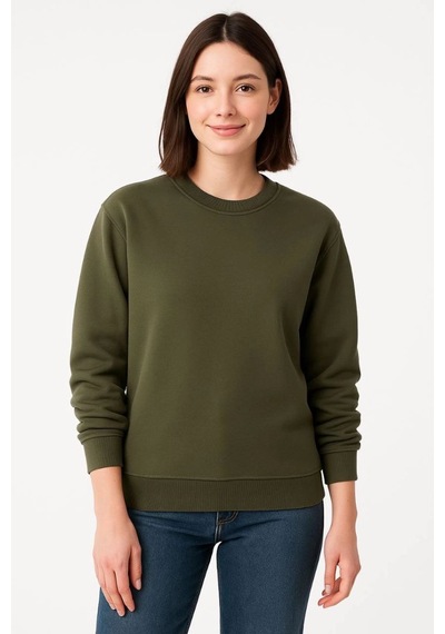 Velmora Fashion Kadın 3 İplik Pamuklu Düz Bisiklet Yaka Sweatshirt - Haki