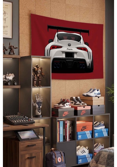 Toyota Supra Beyaz Spor Araba Kırmızı Dekoratif Duvar Örtüsü Duvar Halısı