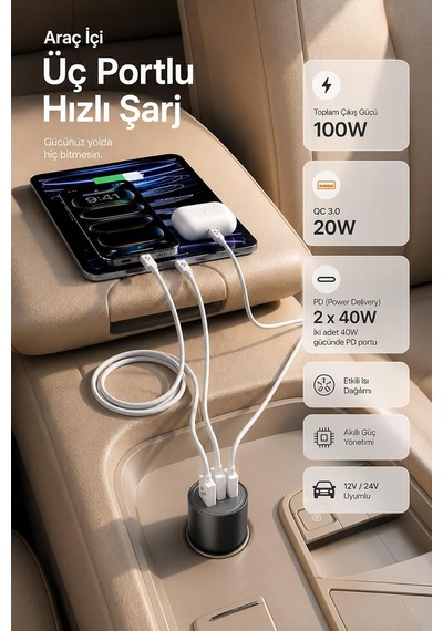 Tr 100w Araç Hızlı Şarj Aleti 2 Usb-c + Qc Usb Girişi Tüm Araçlar Uyumlu Şarj