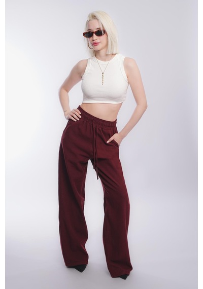 Madmext Bordo Beli Büzgülü Bol Paça Kadın Pantolon Mg2011 Bordo
