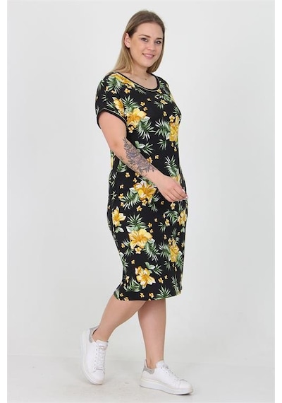 Neşeli Butik Kadın Viskon Çiçek Desenli Büyük Beden Yazlık Elbise Aysl30 Sarı