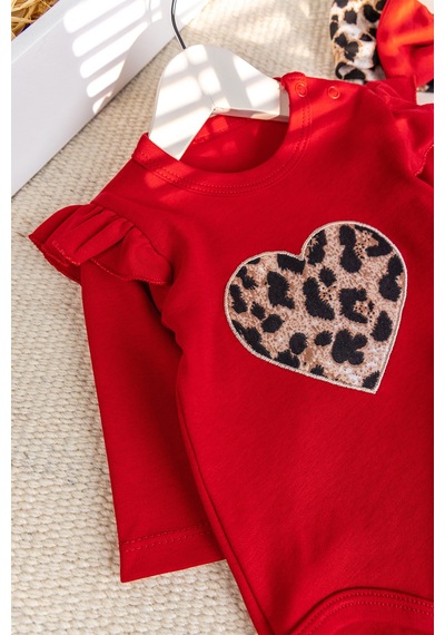 Babymod Leopar Desenli 3'lü Pamuklu Kız Bebek Takım Set Kırmızı