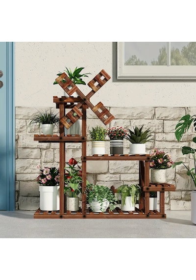 Eskitme Ahşap Dekoratif Çiçeklik Saksılık Balkon Bahçe Standı Ceviz