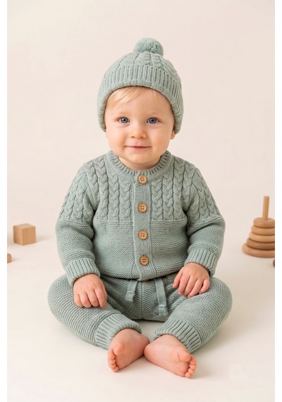 Babymod Triko Yumuşak Dokulu Bereli Kışlık Örgü Kız Erkek Bebek Takım Set Yeşil