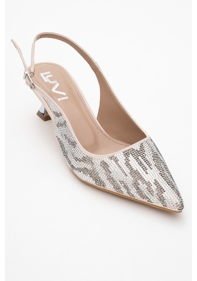 Luvishoes Luvi Shoes Ushes Bej Saten Taşlı Kadın Kısa Topuklu Abiye Ayakkabı Bej