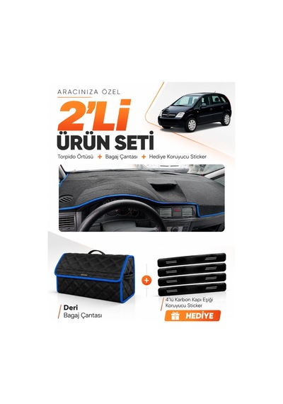 Opel Meriva A 2003-2010 Uyumlu Torpido Örtüsü + Deri Bagaj Çantası + Sticker Seti - Siyah Mavi