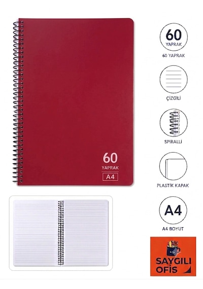 Saygılıofis 60 Yaprak A4 Spiralli Pp Kapak Çizgili Defter Kırmızı
