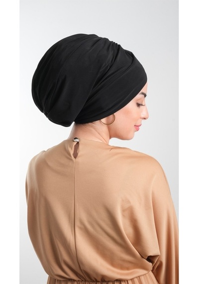 Hürrem Bone Siyah Pratik Hazır Geçmeli Tesettür Bone Sandy Kumaş Büzgülü 2114 Siyah