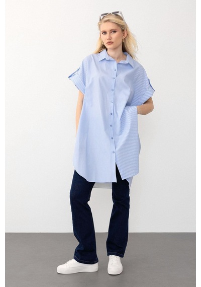 Olcay Yandan Yırtmaçlı Çizgili Poplin Tunik Açık Mavi 9283