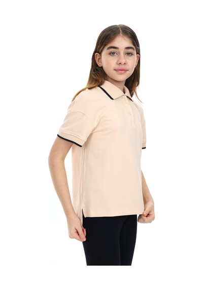 Toontoy Kids Toontoy Kız Çocuk Baskılı Polo Yaka Çıtçıtlı Kısa Kollu Tişört - Yırtmaçlı Bej