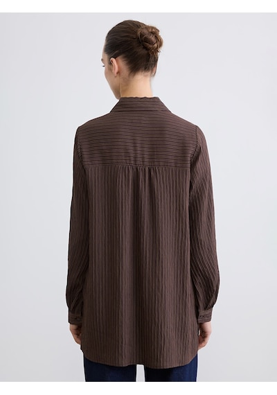 Lcw Everyday Kahverengi Gömlek Yaka Çizgili Oversize Armürlü Kadın Tunik